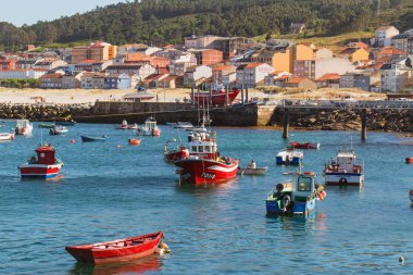 Laxe, İspanya - 14 Temmuz 2016: Körfez'de bulunan Galiçya yerleşim, balıkçıların tekneler. Yaz güneşli gün, sakin. Ön planda mesafe sahil ve evi çizgi tekneler