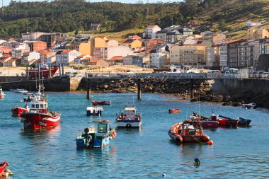 Laxe, İspanya - 14 Temmuz 2016: Körfez'de bulunan Galiçya yerleşim, balıkçıların tekneler. Yaz güneşli gün, sakin. Ön planda mesafe sahil ve evi çizgi tekneler