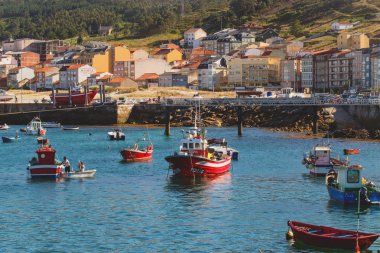 Laxe, İspanya - 14 Temmuz 2016: Körfez'de bulunan Galiçya yerleşim, balıkçıların tekneler. Yaz güneşli gün, sakin. Ön planda mesafe sahil ve evi çizgi tekneler