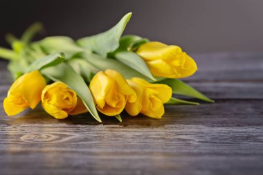 Bir buket Sarı laleler eski bir gri ahşap masaya yatıyor