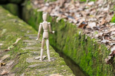 Tahta adam yeşil yosunlu Madeira 'da, levada kanalının kenarında..