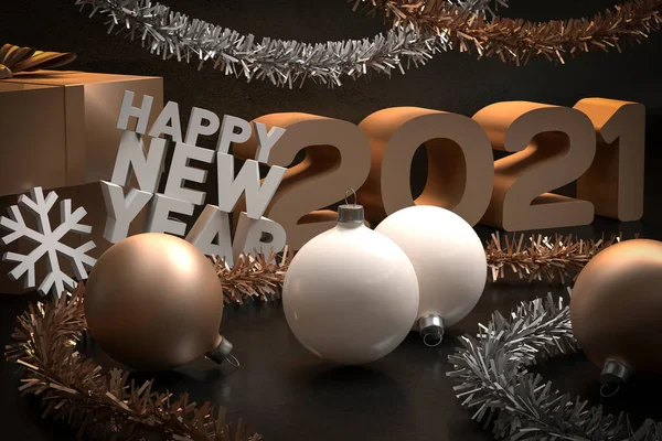 golden christmas and happy new year greeting card with balls, 3d render