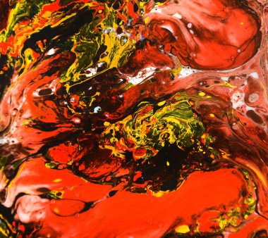 Bir tutam boya. Su, akrilik, yağ ve sütün karışımından oluşan yakın plan bir resim. Mermer desenli akrilik desen, çok renkli arkaplan 