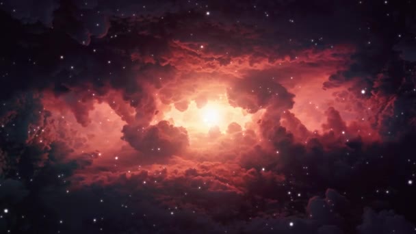 Terbang melewati bintang dan nebula merah di angkasa. Latar belakang luar angkasa. 4k — Stok Video