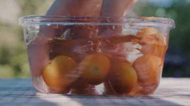 Bir adam domatesleri yavaş çekimde, içi su dolu bir kabın içinden alır.
