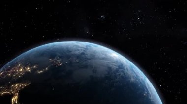 Yıldızlar arasında uzayda uçan Dünya gezegeninin animasyonu.