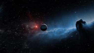 Yıldızlar arasında uzayda uçan gezegenin animasyonu.