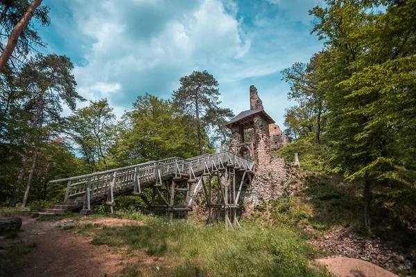 Hrad zřícenina Zlenice s dřevěným mostem poblíž řeky sazava, Česká republika, Hrusice — Stock fotografie