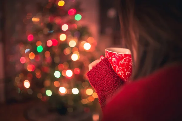 Elinde bir fincan sıcak çikolata, çay ya da Noel ağacının önünde kahve olan genç bir kadın. Rahatlatıcı ve noel konsepti. Stok Fotoğraf
