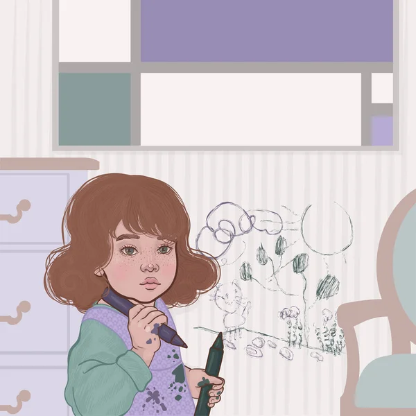 Μικρό Χαριτωμένο Κορίτσι Ζωγραφίζει Στους Τοίχους Στην Ταπετσαρία — Διανυσματικό Αρχείο