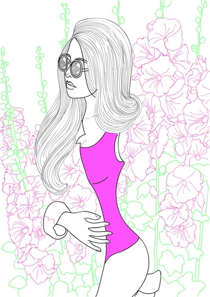 Hermosa Chica Moda Con Flores Como Abrigo Mismo — Vector de stock