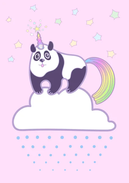 Niedlicher Pummeliger Panda Ein Einhorn Mit Einem Regenbogenschwanz Auf Einer — Stockvektor