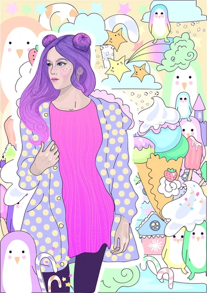 Модная Девушка Розовыми Волосами Теплой Куртке Фоне Мороженого Зимы Пингвинов — стоковый вектор