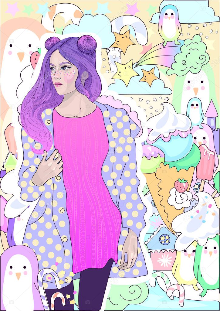 fashion girl with pink hair in a warm jacket on a background of ice cream , winter and penguins