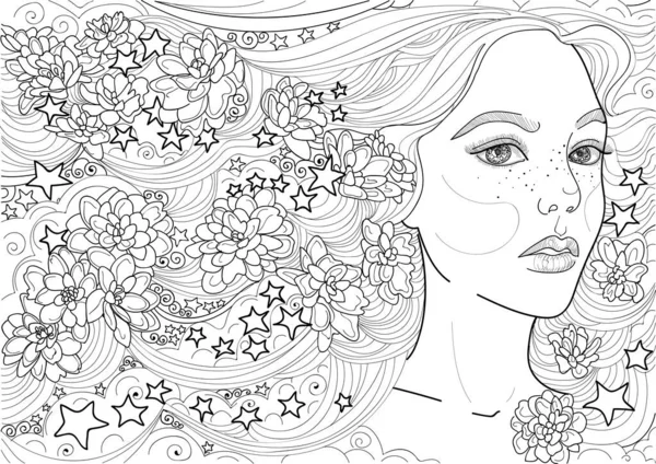 Девушка Фея Длинные Волосы Цветы Украшения Звезды — стоковый вектор