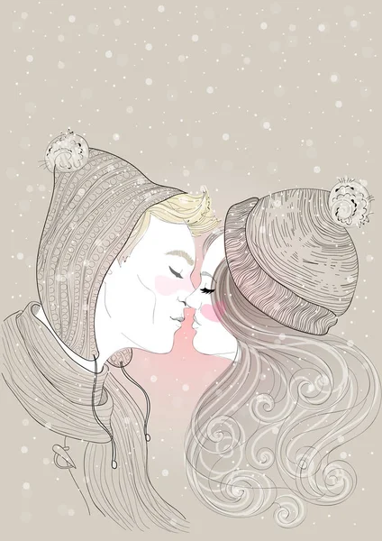 Coppia Uomo Donna Baciare Sotto Una Dolce Nevicata — Vettoriale Stock