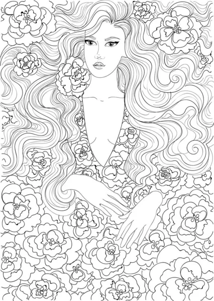 Colorear Hermosa Chica Vestido Flores — Vector de stock