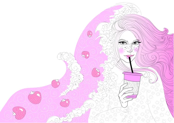 Belle Fille Est Boire Milkshake Fraise Couvre Vague Plaisir — Image vectorielle