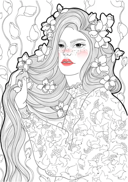 Красавица Стеблях Тюльпанов Лилий Расчесывая Длинные Волосы — стоковый вектор