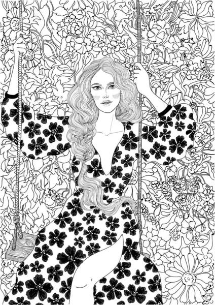 庭や草原のスイングで美しい女性無色の線手描き — ストックベクタ