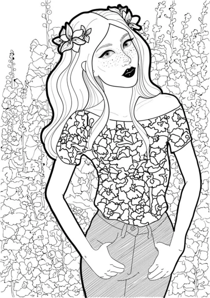 Negro Blanco Vector Hermosa Mujer Moda Jeans Fondo Malva Flor — Vector de stock