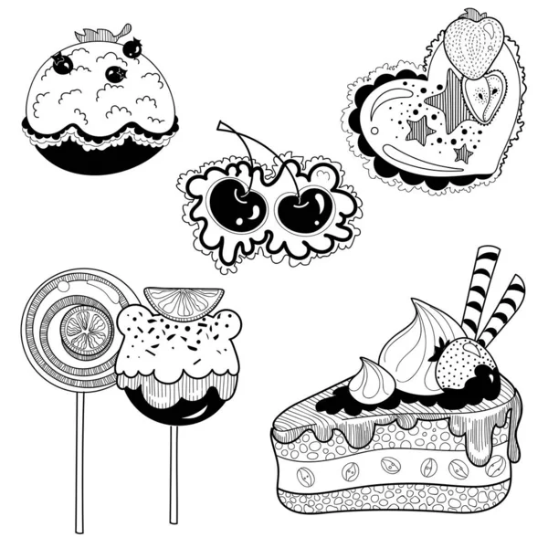 Schwarz Weiße Süßigkeiten Kuchen Kuchen Cupcakes Süßigkeiten Für Süßwaren — Stockvektor