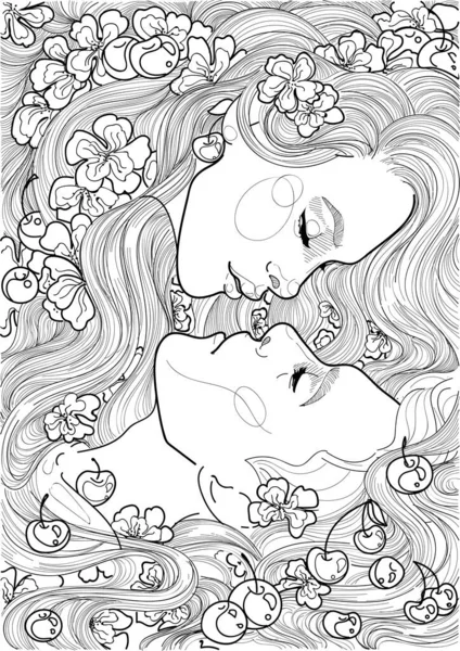 Fekete Fehér Gyönyörű Pár Csókolózik Cseresznyevirágban — Stock Vector