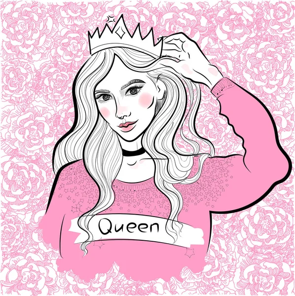 Menina Moda Moderna Suéter Coroa Rainha Princesa Fundo Peônias Florescentes — Vetor de Stock