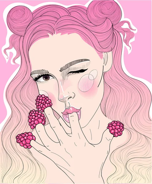Beautiful Girl Pink Hair Eating Raspberry Her Fingers Winking — Stock Vector