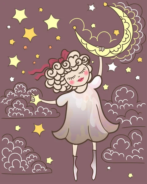 小女孩梦想着飞行一个月 在那里 她从天上抓起月亮和星星 — 图库矢量图片