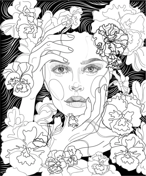美しいフルフェイスの女の子の肖像画の顔を手の横に 開花パンジーの背景に — ストックベクタ