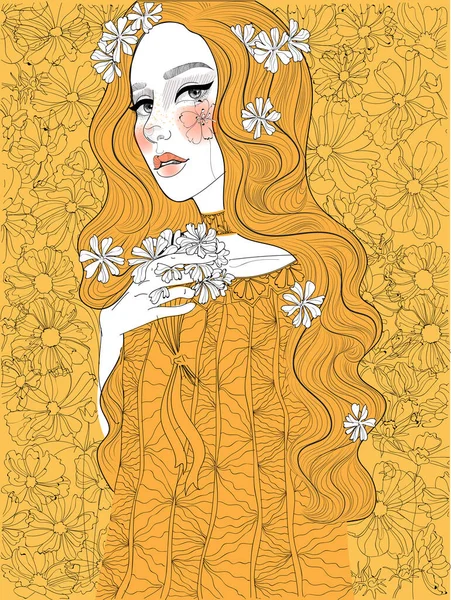 金光闪闪的美丽女人 背景是一朵朵康乃馨的花朵 — 图库矢量图片