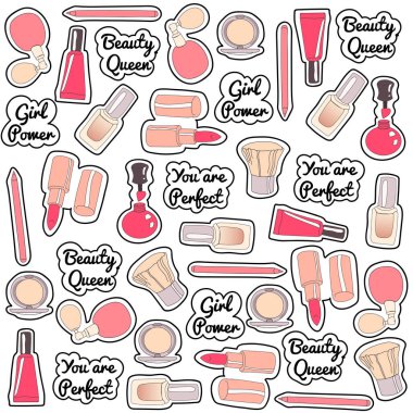  stickers ornament pattern tile made of cosmetics and makeup with positive motivating inscriptions and phrases clipart