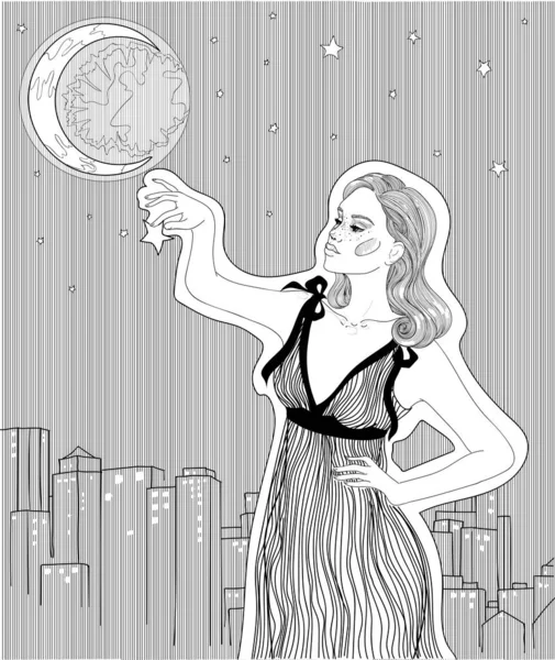 Hermosa Chica Camisón Enciende Las Estrellas Fondo Una Ciudad Nocturna — Archivo Imágenes Vectoriales