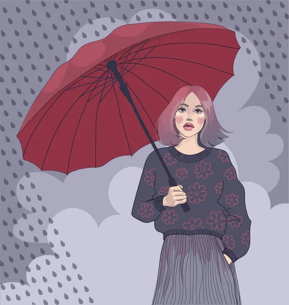 Belle Fille Dans Vent Sous Pluie Avec Parapluie Dans Pull — Image vectorielle