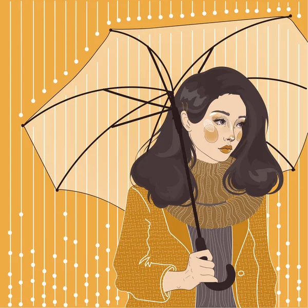 Vector Beautiful Girl Scarf Umbrella Raining Autumn — Stock Vector