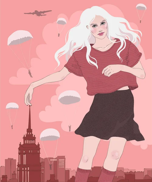 Young girl walking around the city during the holiday , The girl of the giantess, Head in the clouds, and the whole world at her feet — Stock Illustration Young Girl Walking City Holiday Girl Giantess Head Clouds Whole Royalty Free Stock Vectors