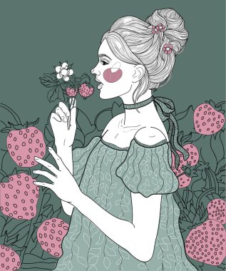 beauty fairy girl among the thickets, in the clearing of strawberries clipart
