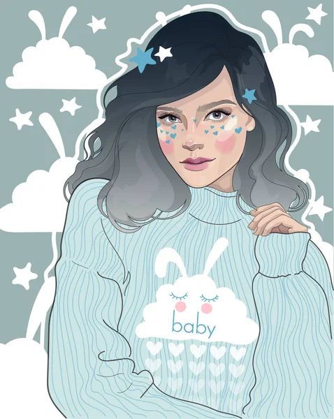 Beauté Princesse Fille Dans Pull Pyjama Mignon Avant Coucher — Image vectorielle