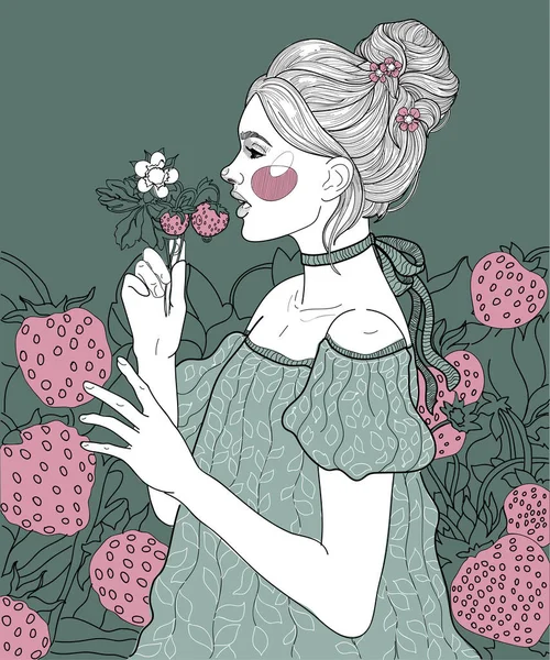 Beauté Fée Fille Parmi Les Fourrés Dans Nettoyage Des Fraises — Image vectorielle