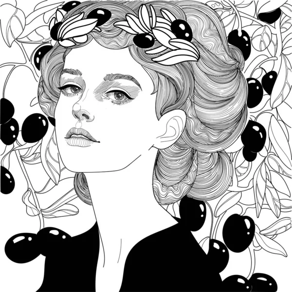 オリーブの木を背景にしたオリーブの花輪の美しい少女 — ストックベクタ