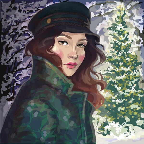 在靠近圣诞树的冬季公园里 穿着外套头戴帽子的漂亮姑娘 — 图库矢量图片