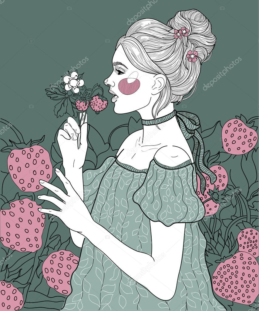 beauty fairy girl among the thickets, in the clearing of strawberries