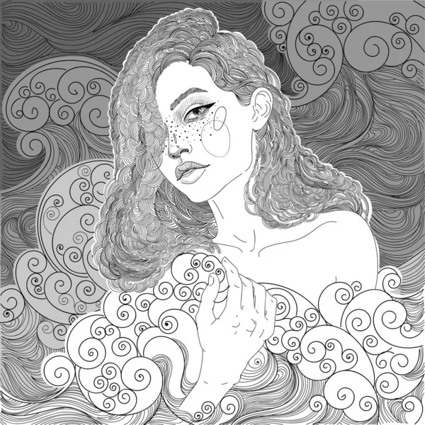 Belle Sirène Fille Mer Déesse Parmi Les Vagues Océan — Image vectorielle