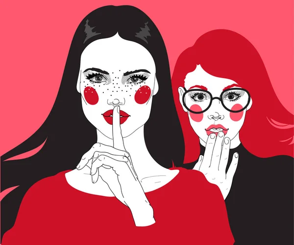 Δύο Κορίτσια Μελαχρινή Και Κόκκινη Γυναικεία Πιστοποιητικά Κουτσομπολιό — Διανυσματικό Αρχείο