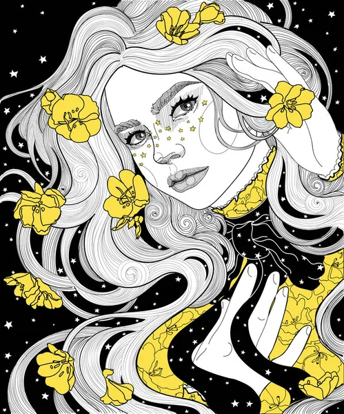 穿着雨衣的漂亮女孩星夜 她的头发和衣服都是用伊诺特拉黄色的金花做的 也叫夜间蜡烛 只有在日落之后才会凋零 — 图库矢量图片