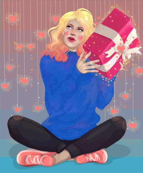 Belle Fille Blonde Obtenu Cadeau Magique Pour Saint Valentin Pense — Image vectorielle