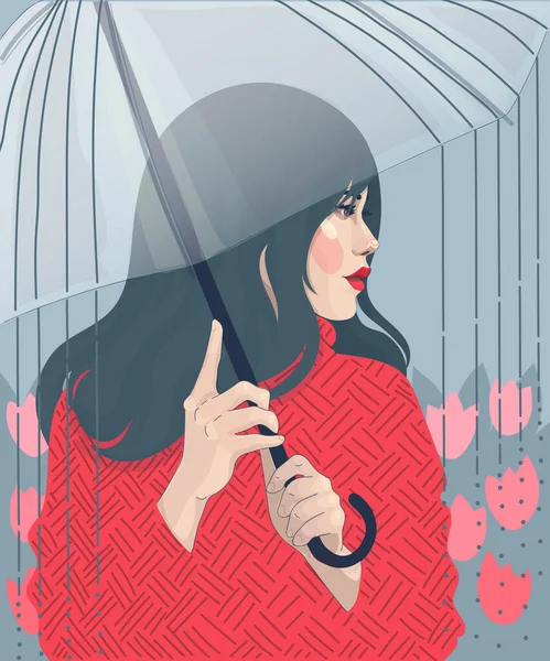 Kırmızı Kazaklı Şemsiyenin Altında Ruj Sürmüş Bir Kızın Moda Tasviri — Stok Vektör