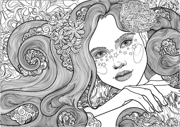 Beautiful Sea Goddess Mermaid Girl Flowering Algae Coloring — Stock Vector
