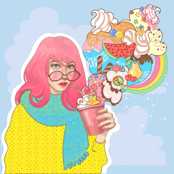 アイスクリーム ヨーグルト フルーツスムージー 素晴らしい巨大な甘いデザートのガラスと美しいトレンディーな女の子 — ストックベクタ